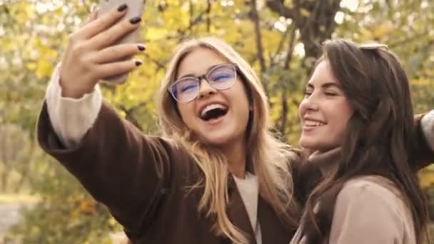 年轻快乐的积极女性朋友们在绿色的自然公园里散步 用手机自拍 — 图库视频影像