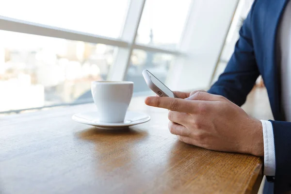 Cropped Photo Handsome Young Businessman Indoors Office Using Mobile Phone — Stock Photo, Image