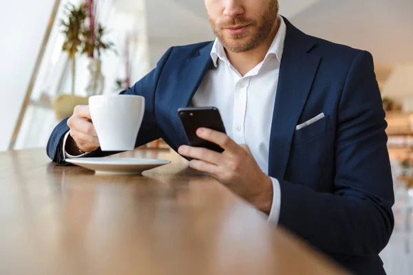 Cropped Photo Handsome Young Businessman Indoors Office Using Mobile Phone — Stock Photo, Image