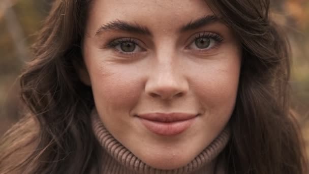 Young Positive Pleased Girl Outdoors Green Nature Park Looking Camera — Stock Video