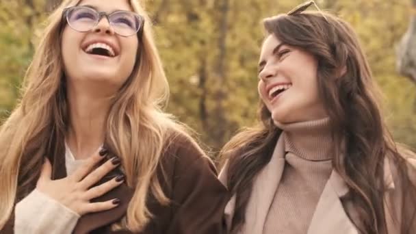 Young Happy Girls Friends Walking Outdoors Green Nature Park — Stock Video