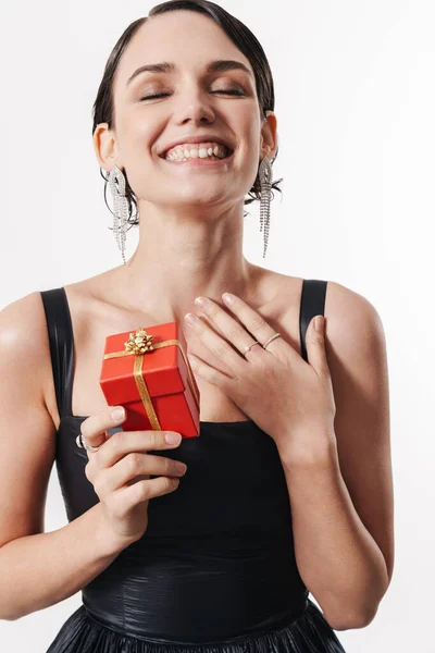 Imagen Encantadora Joven Glamorosa Mujer Feliz Sonriendo Sosteniendo Una Pequeña — Foto de Stock