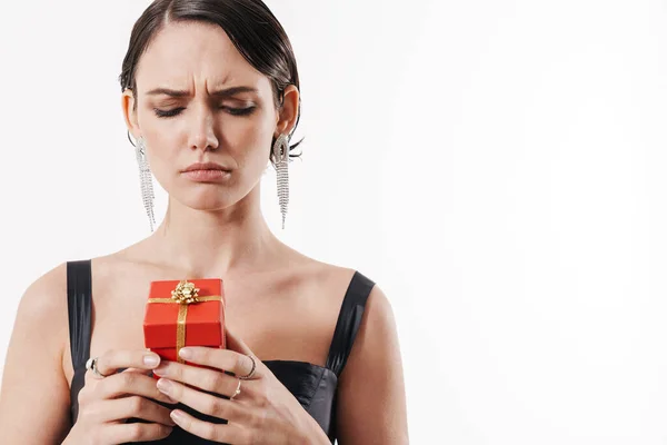 Aantrekkelijke Boos Jonge Brunette Vrouw Het Dragen Van Zwarte Cocktail — Stockfoto