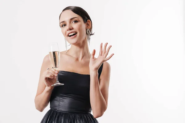 Image Charming Young Glamorous Happy Woman Smiling Holding Glass Champagne — Stock Photo, Image