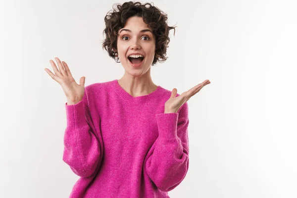 Afbeelding Van Opgewonden Mooie Vrouw Uiten Verrassing Camera Geïsoleerd Witte — Stockfoto