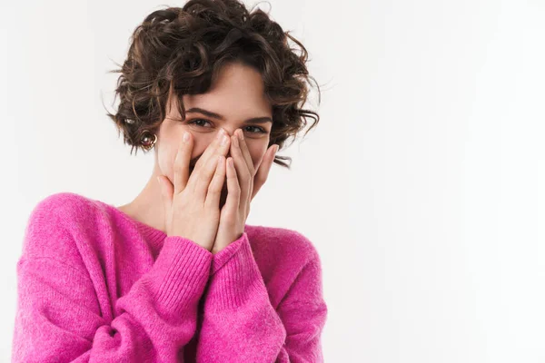 Afbeelding Van Vrolijke Mooie Vrouw Glimlachend Het Bedekken Van Haar — Stockfoto