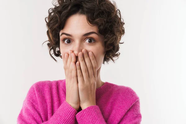 Image Surprised Beautiful Woman Looking Camera Covering Her Face Isolated — Stock Photo, Image