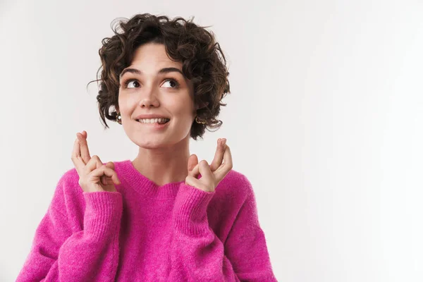 Afbeelding Van Tevreden Jonge Vrouw Houden Vingers Gekruist Kijken Naar — Stockfoto