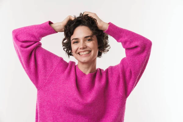 Beeld Van Vrolijke Jonge Vrouw Grijpen Haar Hoofd Glimlachen Geïsoleerd — Stockfoto