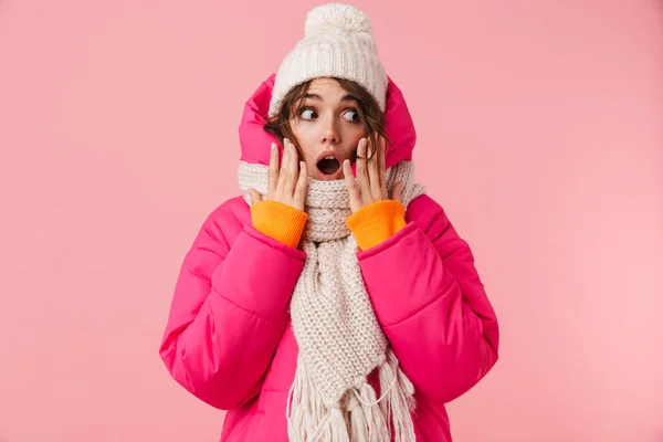 Portrait Beautiful Woman Warm Clothes Expressing Surprise Looking Aside Isolated — Stock Photo, Image
