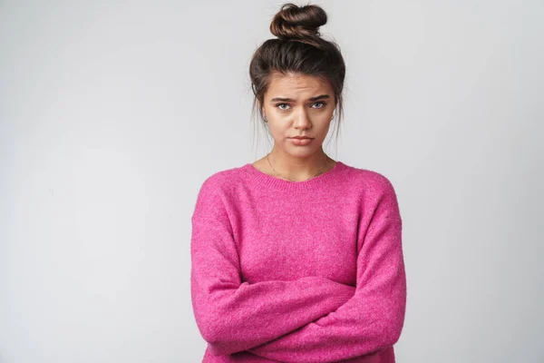 Afbeelding Van Mooie Ongelukkige Vrouw Roze Trui Poseren Met Handen — Stockfoto