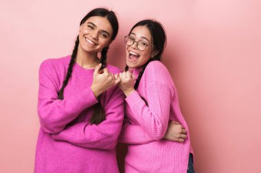 Saçları örgülü iki genç kızın görüntüsü pembe arka planda izole edilmiş bir şekilde uzlaşma ya da dostluk içinde birbirlerinin küçük parmaklarını kancalarlar.