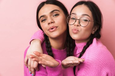 Saçları örgülü iki mutlu genç kızın görüntüsü pembe arka planda sana gülümseyen ve hava öpücüğü veren.