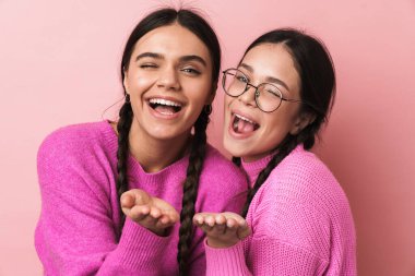 Saçları örgülü iki mutlu genç kızın görüntüsü pembe arka planda sana gülümseyen ve hava öpücüğü veren.