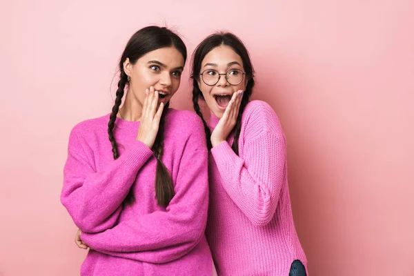 Image Two Happy Teenage Girls Braids Expressing Wonder While Looking — Stock Photo, Image