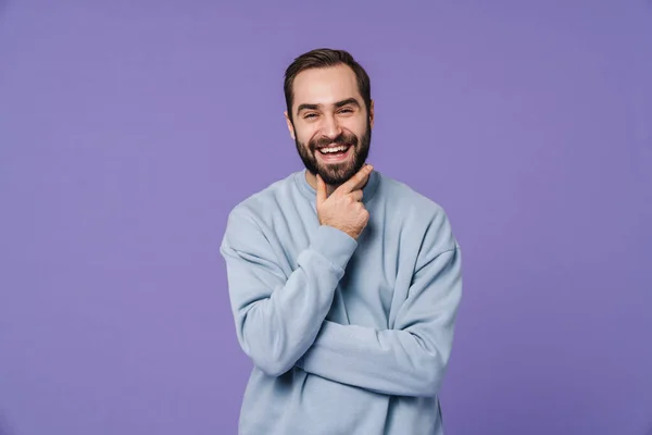 Imagen Joven Alegre Pensamiento Guapo Aislado Sobre Fondo Pared Púrpura —  Fotos de Stock