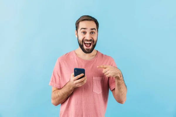 Portrait Young Cheerful Excited Bearded Man Wearing Shirt Standing Isolated — Stock Photo, Image