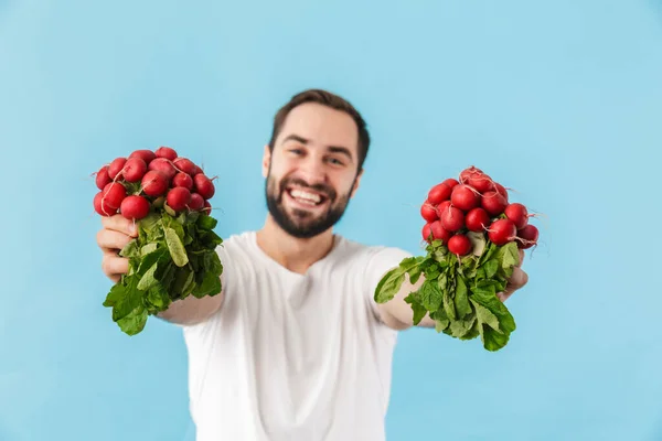 Portrait Young Cheerful Excited Bearded Man Wearing Shirt Standing Isolated — Stock Photo, Image