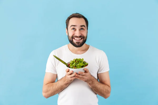 Handsome Cheerful Young Bearded Man Wearing Shirt Standing Isolated Blue — Stock Photo, Image