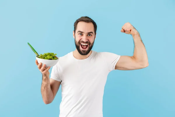 Handsome Cheerful Young Bearded Man Wearing Shirt Standing Isolated Blue — Stock Photo, Image