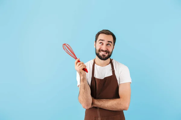 Cheerful Young Bearded Man Wearing Apron Standing Isolated Blue Background — Stock Photo, Image