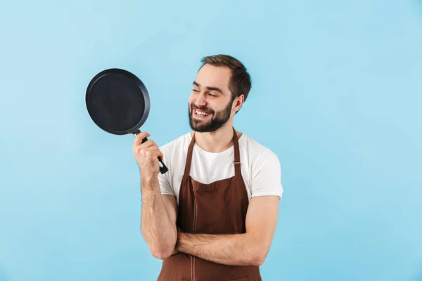 Imagem Jovem Feliz Homem Emocional Chef Isolado Sobre Azul Parede — Fotografia de Stock