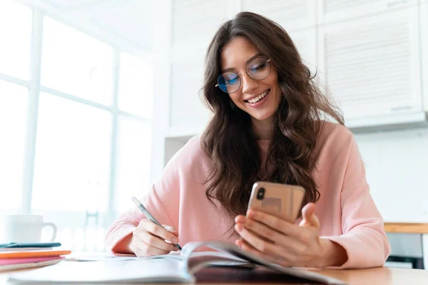 Image Happy Beautiful Young Woman Sit Indoors Home Using Mobile — Stock Photo, Image