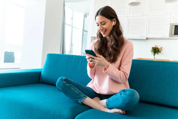 Image Happy Optimistic Young Woman Sit Indoors Home Using Mobile — Stock Photo, Image