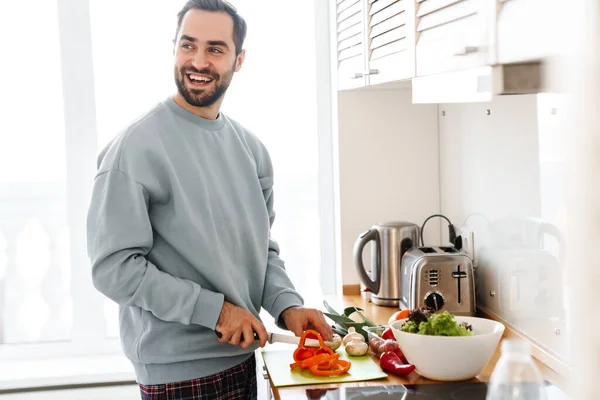 Imagem Homem Bonito Satisfeito Desgaste Casual Sorrindo Fazendo Almoço Cozinha — Fotografia de Stock