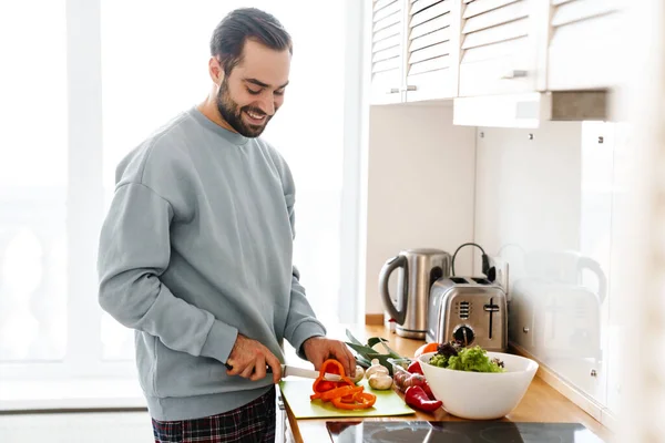 Imagem Homem Bonito Satisfeito Desgaste Casual Sorrindo Fazendo Almoço Cozinha — Fotografia de Stock