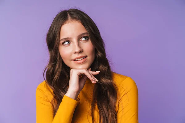 Image Young Beautiful Woman Long Brown Hair Smiling Looking Copyspace — Stock Photo, Image