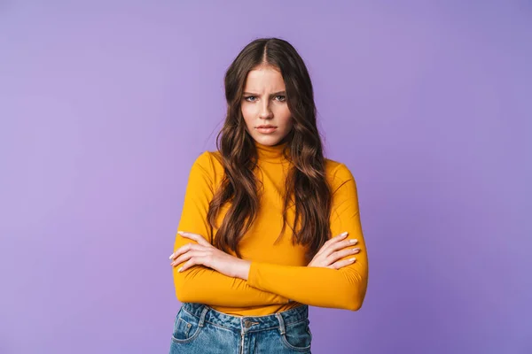 Image Young Displeased Woman Long Brown Hair Frowning Standing Arms — Stock Photo, Image