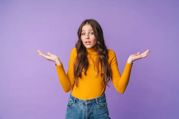 Image Young Beautiful Woman Long Brown Hair Hesitating Throwing Arms — Stock Photo, Image