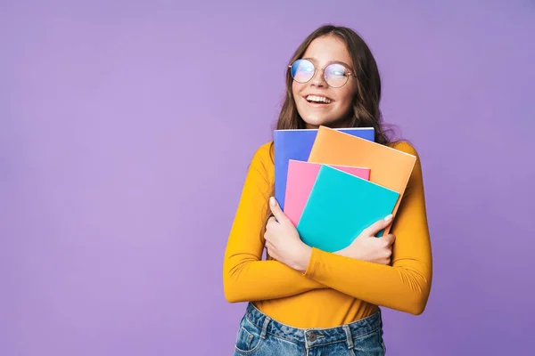 Image Une Jeune Belle Étudiante Portant Des Lunettes Souriantes Tenant — Photo