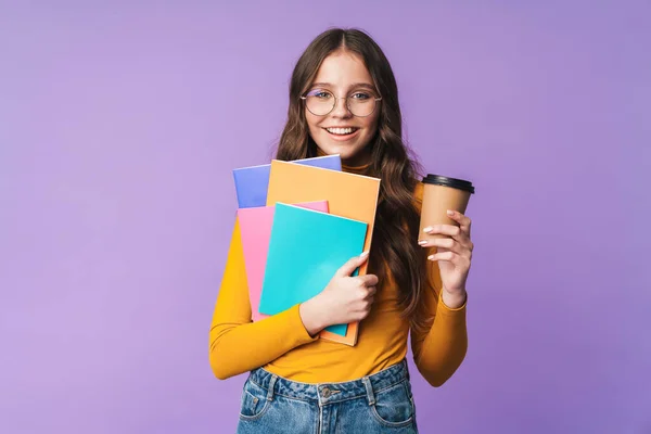 Obrázek Mladé Krásné Studentky Nosí Brýle Držení Cvičení Knihy Šálek — Stock fotografie