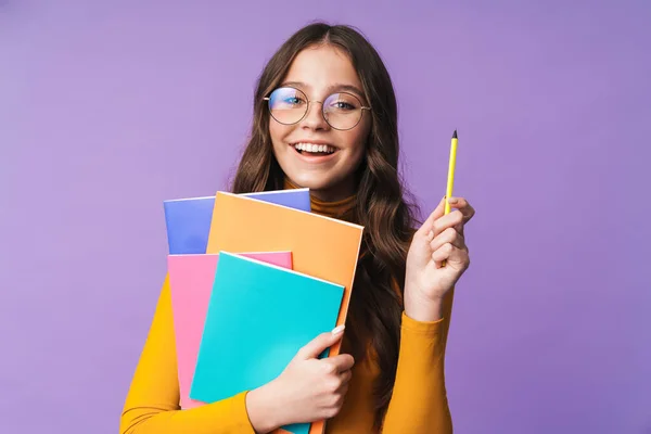 Beeld Van Jong Mooi Student Meisje Dragen Bril Glimlachen Houden — Stockfoto