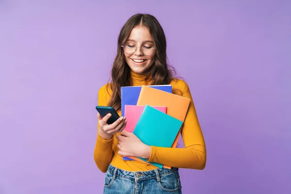 Immagine Giovane Bella Studentessa Che Indossa Occhiali Con Mano Quaderni — Foto Stock