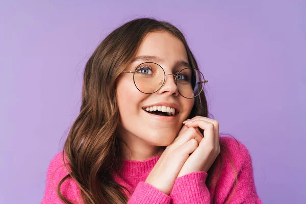 Imagem Jovem Mulher Bonita Vestindo Óculos Sorrindo Olhando Para Cima — Fotografia de Stock