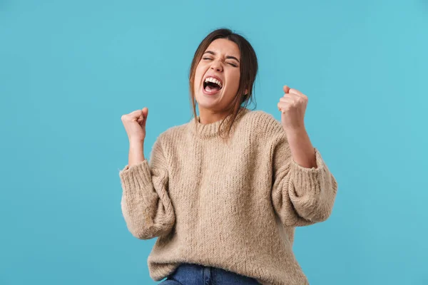 Εικόνα Ενθουσιασμένοι Καυκάσιος Γυναίκα Ουρλιάζοντας Και Κάνοντας Χειρονομία Νικητής Απομονώνονται — Φωτογραφία Αρχείου