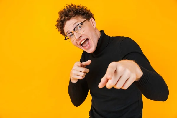 Image Young Excited Man Eyeglasses Pointing Fingers Camera Isolated Yellow — Stock Photo, Image