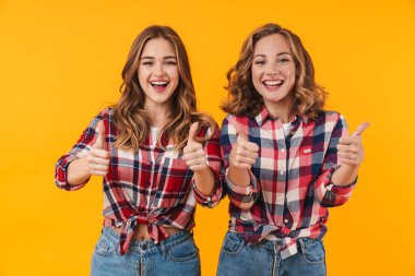 Ekoseli tişört giyen, gülümseyen ve işaret eden iki genç kızın görüntüsü sarı arka planda izole edilmiş.