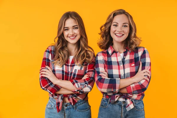 Afbeelding Van Twee Jonge Mooie Meisjes Dragen Geruite Shirt Glimlachen — Stockfoto