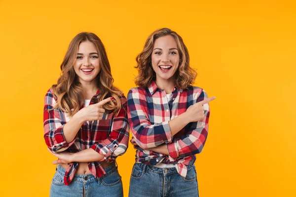 Image Two Young Beautiful Girls Wearing Plaid Shirt Smiling Pointing — Stock Photo, Image