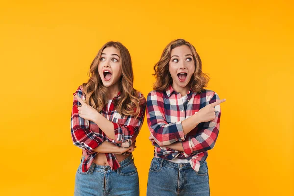 Afbeelding Van Twee Jonge Mooie Meisjes Die Een Geruit Shirt — Stockfoto