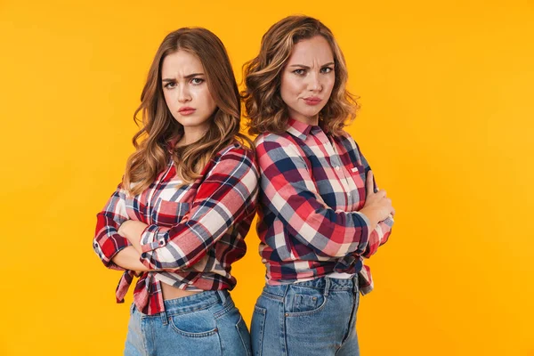 Imagem Duas Jovens Meninas Bonitas Vestindo Camisa Xadrez Franzindo Testa — Fotografia de Stock