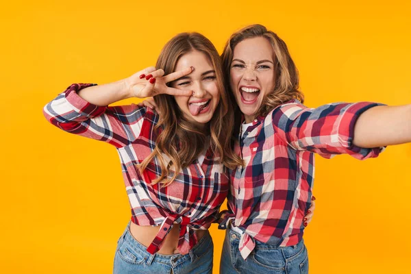 Imagen Dos Chicas Hermosas Jóvenes Que Llevan Camisa Cuadros Sonriendo —  Fotos de Stock