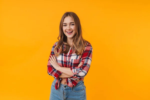 Image Happy Young Attractive Woman Wearing Plaid Shirt Smiling Isolated — Stock Photo, Image