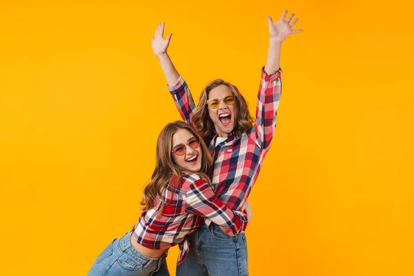 Image Two Young Beautiful Girls Wearing Plaid Shirts Smiling Having — Stock Photo, Image