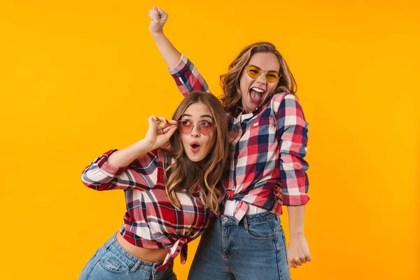 Imagem Duas Jovens Meninas Bonitas Vestindo Camisas Xadrez Sorrindo Divertindo — Fotografia de Stock