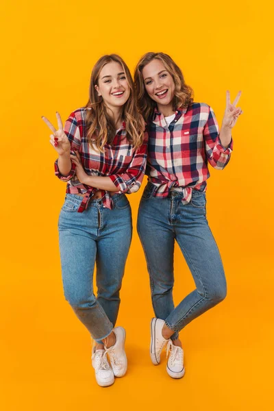 Imagem Comprimento Total Duas Jovens Meninas Bonitas Vestindo Camisas Xadrez — Fotografia de Stock